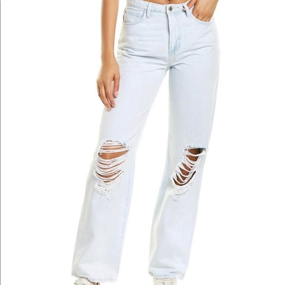 WeWoreWhat Mid rise Distressed Straight Leg Jeans in Light Icy Wash - Picture 1 of 11